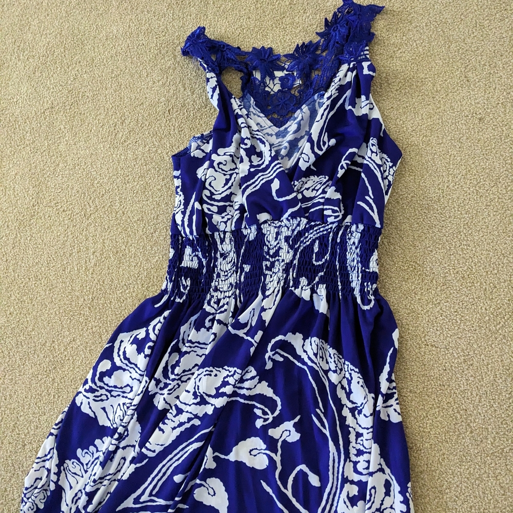 Elegant Blue and White Maxi Dress with Lace Trim